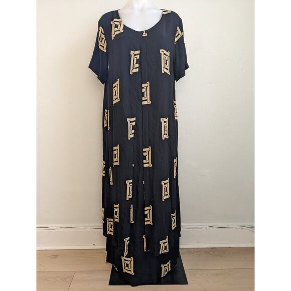 Vintage Krisa Medium Overlay Maxi Dress Black Tan Windowpane Short Sleeves Boho - Picture 2 of 15